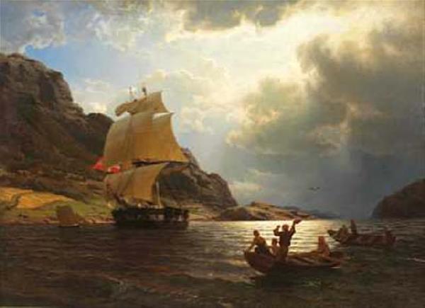 Hans Gude Hjemvendende hvalfangerskip i en norsk havn Sweden oil painting art